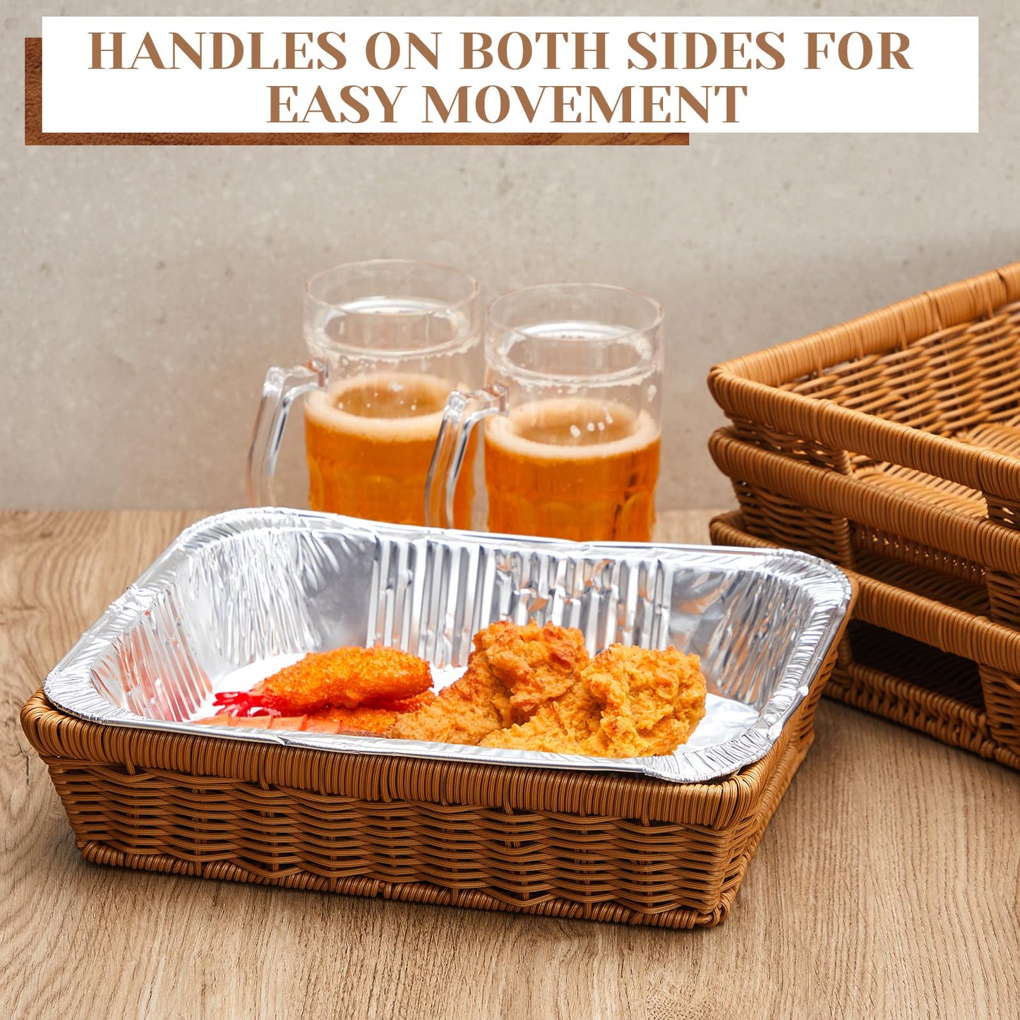 Marsui 4 Pcs Aluminum Foil Pan Holder for 9x13 Disposable Baking Tin Rattan Basket Woven Serving Basket Wicker Bread Basket for Food Containers Party Supplies and Catering