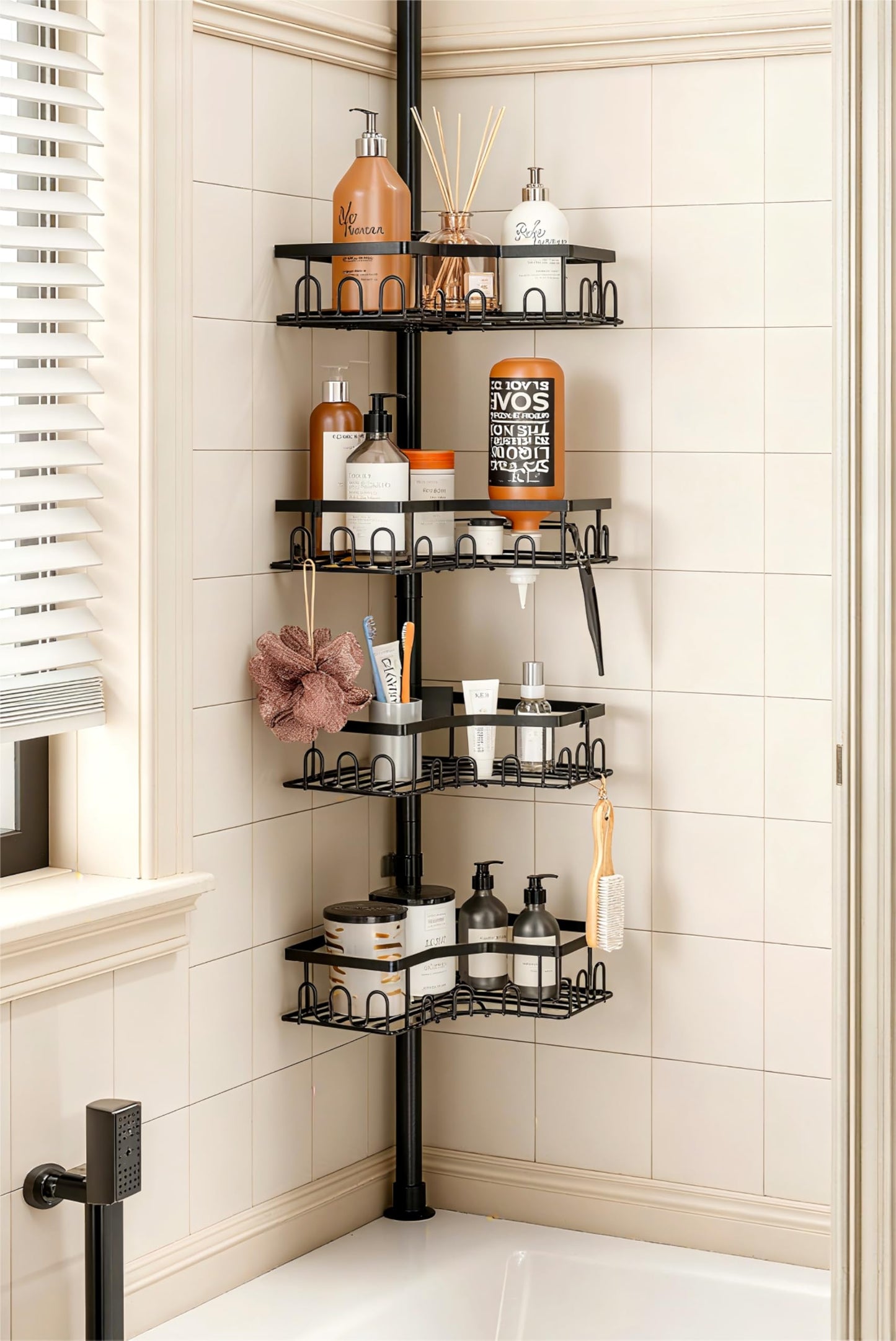HouseUp Corner Shower Caddy Tension Pole - 4-Tier Shower Corner Shelf for Bathtub Bathroom Shower Organizer - Adjustable 34in-120in, Space Saving Bathtub Accessory Shelves, Black