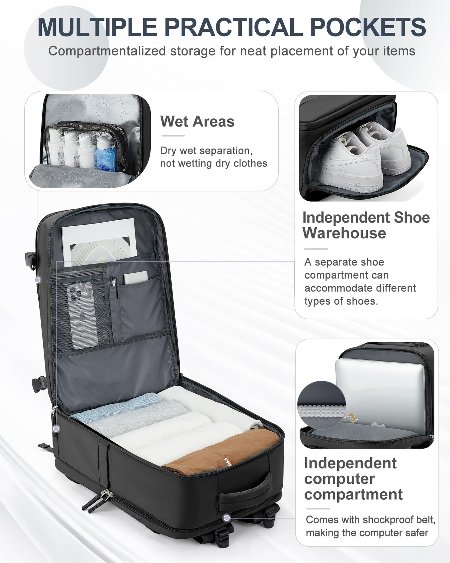 coowoz Large Travel Backpack Carry On for Women Man Black Waterproof Gym Backpack with Laptop Compartment Mochila de Viaje Teacher Personal Item Backpack Rucksack Airplane Accessories Must Haves