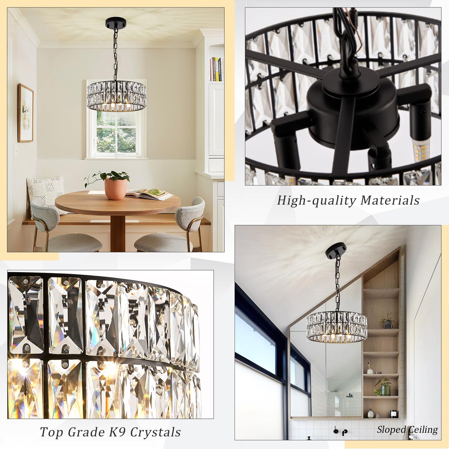 Crystal Pendant Light 4-Light Modern Black Chandelier Small 12” Crystal Semi Flush Mount Ceiling Light Round for Kitchen Island Foyer Hallway