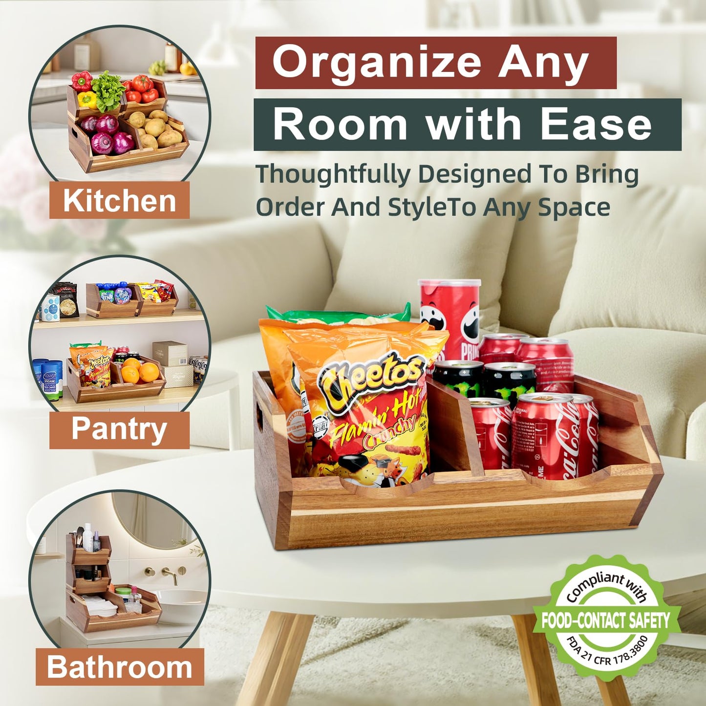 Happilif Acacia Wood Pantry Storage Bins, Stackable Potato and Onion Storage Bins for Kitchen Countertop, Set of 3 Wooden Pantry Organizer Baskets for Fruit, Vegetable, Snack