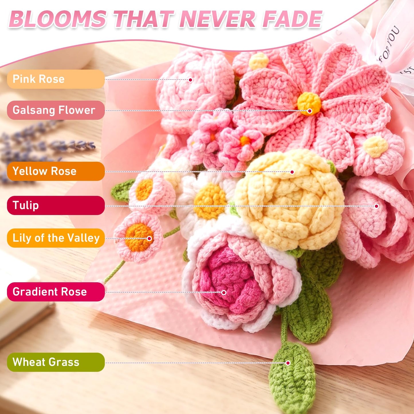 Crochet Flower Bouquet Pink, Handmade Knitted Floral, Crochet Tulips Galsang Flower for Women Mom Wife Girlfriend for Mother's Day Valentine's Day Birthday Anniversary Graduation with Gift Bag & Card