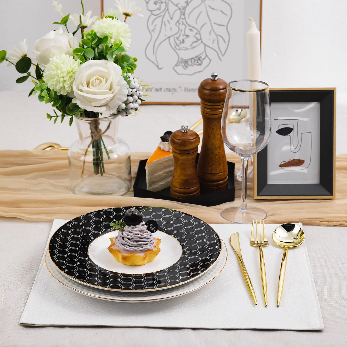 LULLABY 300PCS Gold Plastic Silverware, Heavy Duty Disposable Utensils, Gold Plastic Cutlery Set Include 100 Forks, 100 Spoons, 100 Knives, Perfect Flatware for Party Wedding and Daily Use