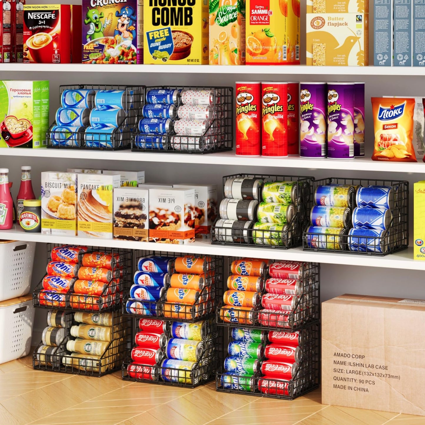 4 Pack Stackable Can Organizer for Pantry with Adjustable Dividers, Soda Can Organizer, Can Storage Dispenser Holds up to 56 Cans, Metal Wire Baskets Can Holder for Kitchen Cabinet Pantry