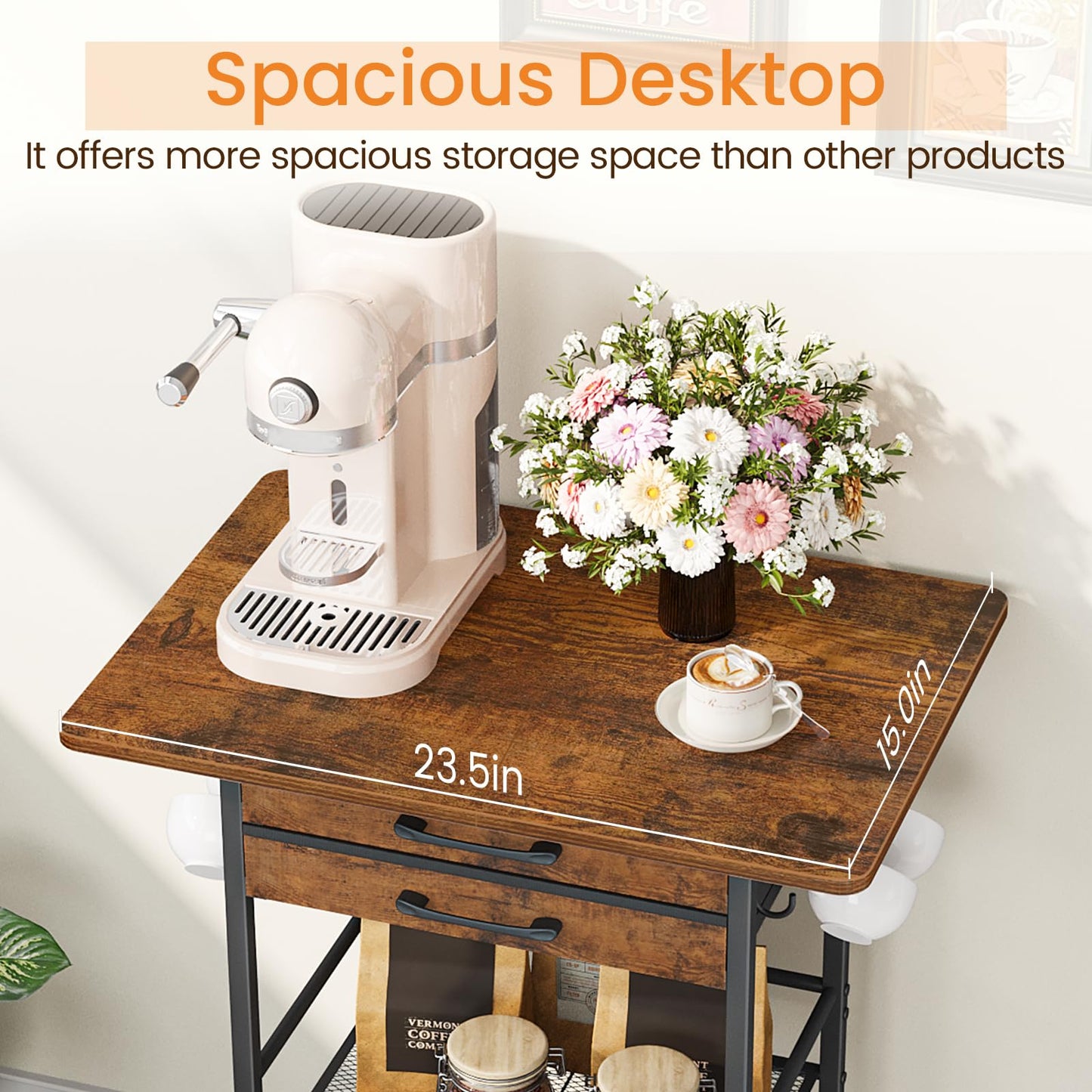 Snughome 5 Tier Rolling Coffee Cart with 2 Large Drawers & Removable Dividers, Extra-Wide Coffee Bar Cart with Storage, Farmhouse Coffee Station Cabinet for Living Room, Kitchen, Office