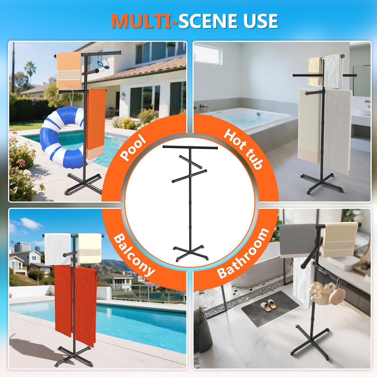 Hjarta Outdoor Towel Rack for Pool, 59 Inch Pool Towel Holder with 6 Bars, Poolside Towel Racks for Outdoor, Towel Drying Rack for Pool Area Outside, Bathroom, Spa, Hot Tub