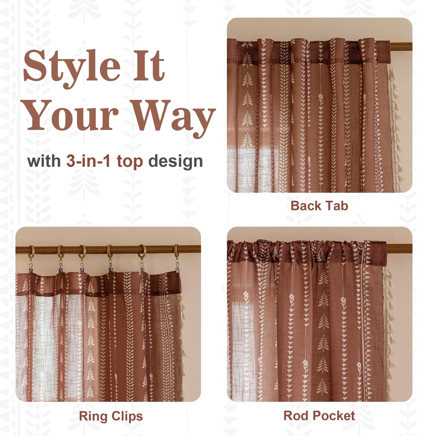MEETSKY Boho Curtains for Living Room, Terracotta Curtains 84 Inch Long Linen Blended Semi Sheer Curtains with Tassels Back Tab, Light Filtering Patterned Drapes 50" W x 84" L Each Panel, 2 Panels