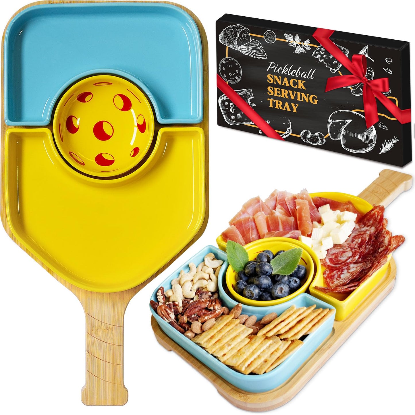 DWATAN Pickleball Paddle Snack Tray Set, Ceramic Serving Plates with Bamboo Charcuterie Board, Paddle Appetizer Platter for Parties, Unique Pickleball Gifts for Father's Day