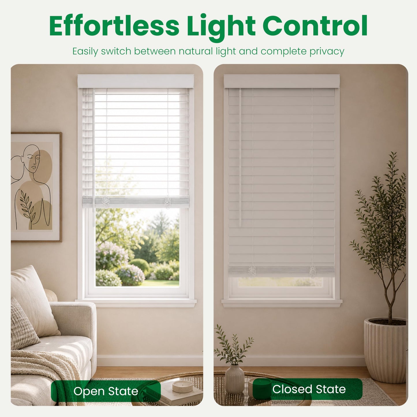 CALYX INTERIORS Faux Wood Blinds with Classic Valance, Cordless, 2" Slat, 34.5" W x 60" H, Room Darkening Shade for Windows and Doors, Pure White