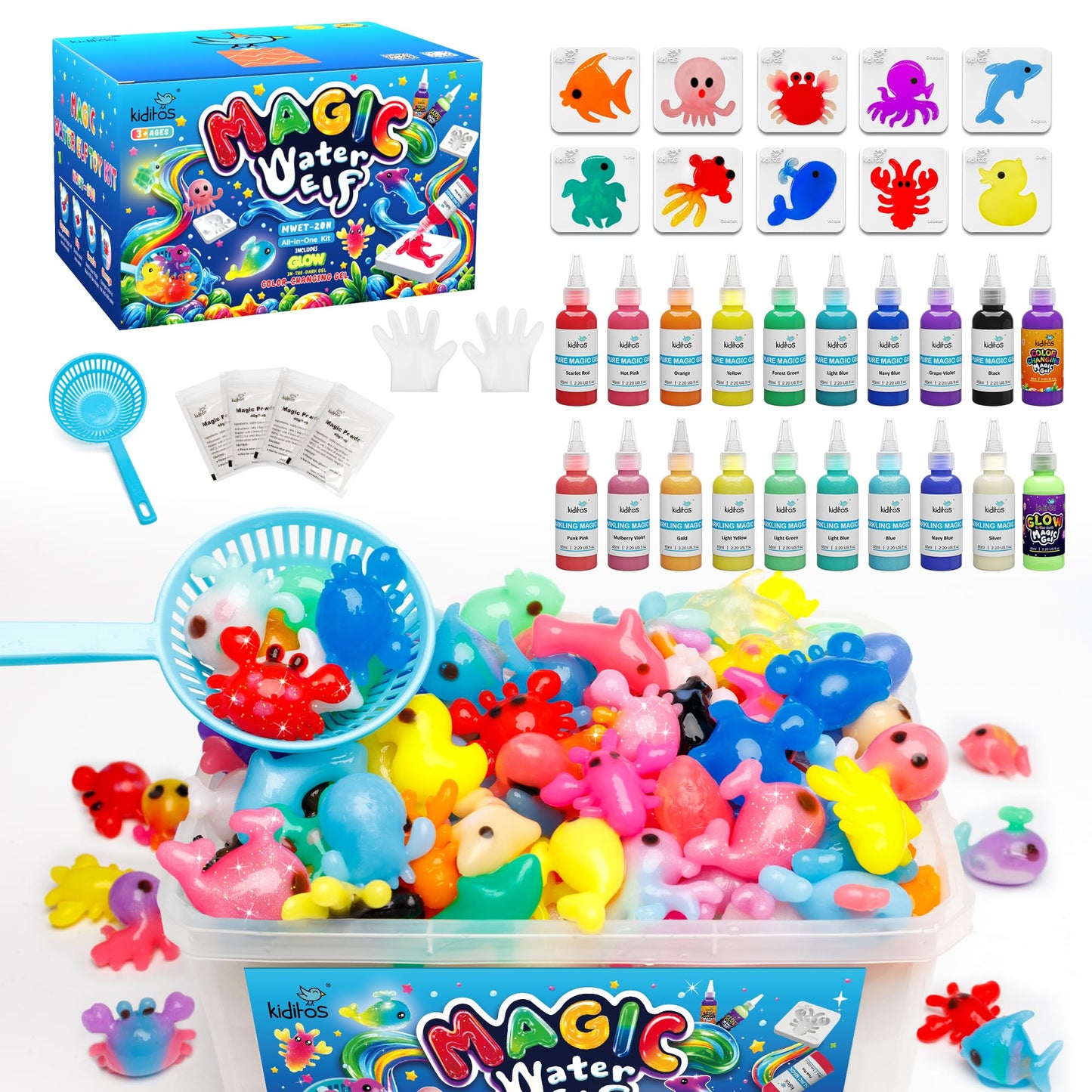 Kiditos Magic Water Elf Toy Kit–Squishies for Kids, 20 Gels & 10 Molds, Magic Gel Water Pets Sensory Toy, Fun DIY Craft Kit，Party Favors, Birthday & Christmas Gifts for Kids Ages 3+