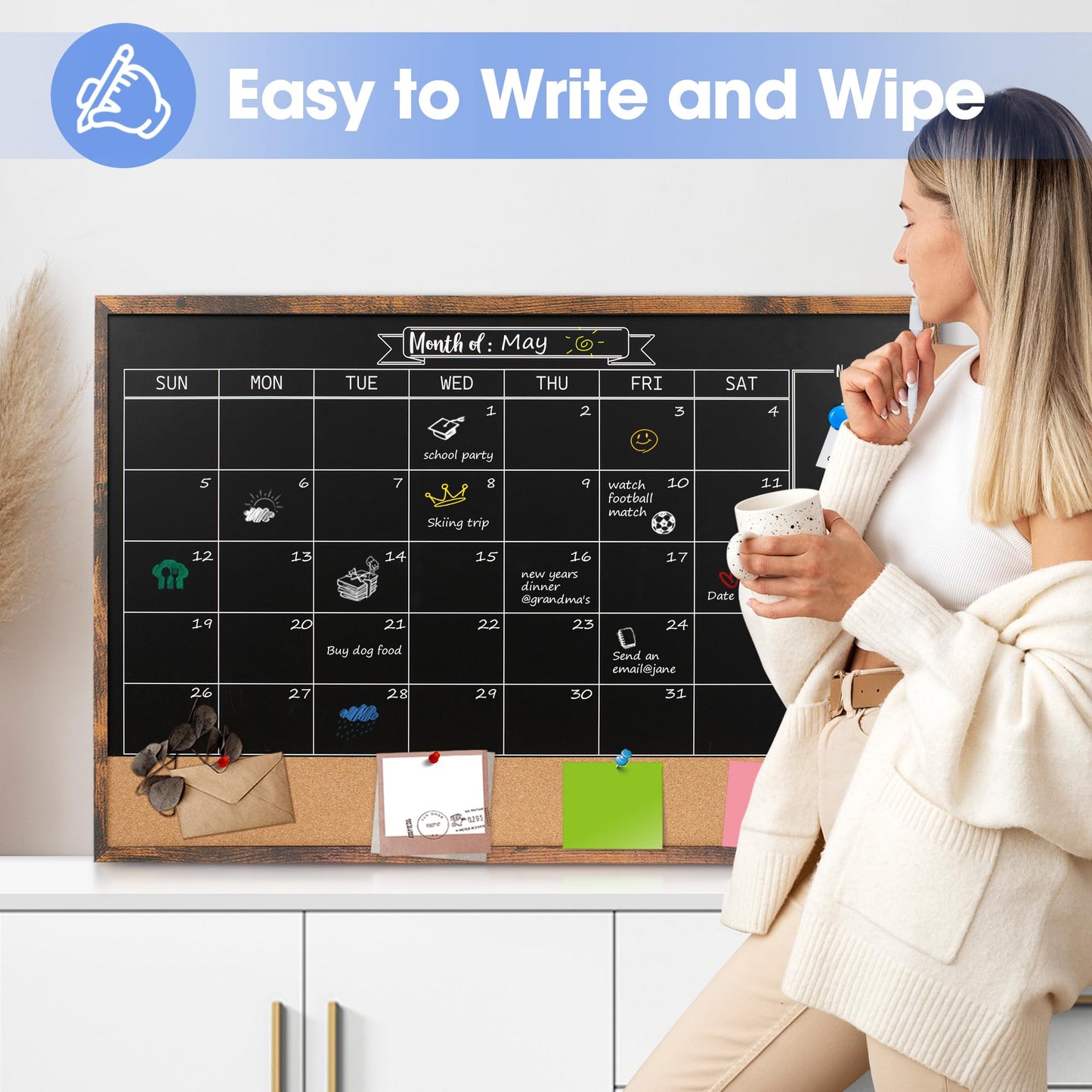 Board2by Monthly Chalkboard Calendar & Cork Board Combo, 24" x 36", Magnetic, Wall Mounted, Blackboard for Office, Kitchen, School, Home