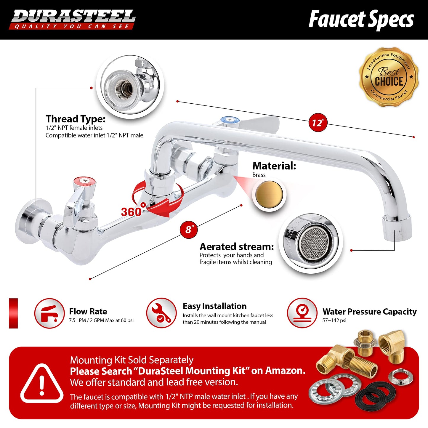DuraSteel Kitchen Sink Faucet Wall Mount - DuraSteel 8" Center Commercial Kitchen Sink Faucet with 12" Swivel Spout - Dual Lever Handles - Brass Constructed & Chrome Polished