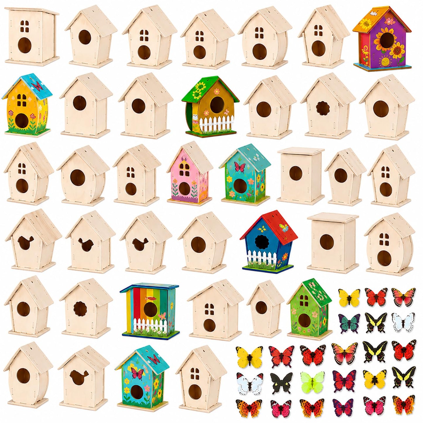 Sawysine 93 Pcs DIY Birdhouse Kits for Kids to Build, 36 Wooden Bird House 6 Shapes and 57 Butterfly Sticker for Children Spring Craft Activity Art Project DIY(Multiple Entrance)