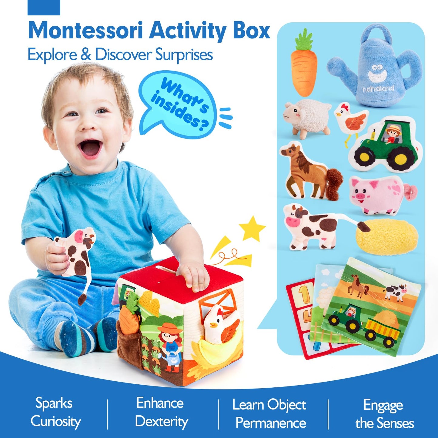 hahaland Baby Toys 6-12 Months - 13Pcs Surprise Developmental Box with Stuffed Farm Animals, Rattle, Crinkle Tissue, Squeaker, Mirror, Soft Activity Sensory Toy Montessori Toy for Babies