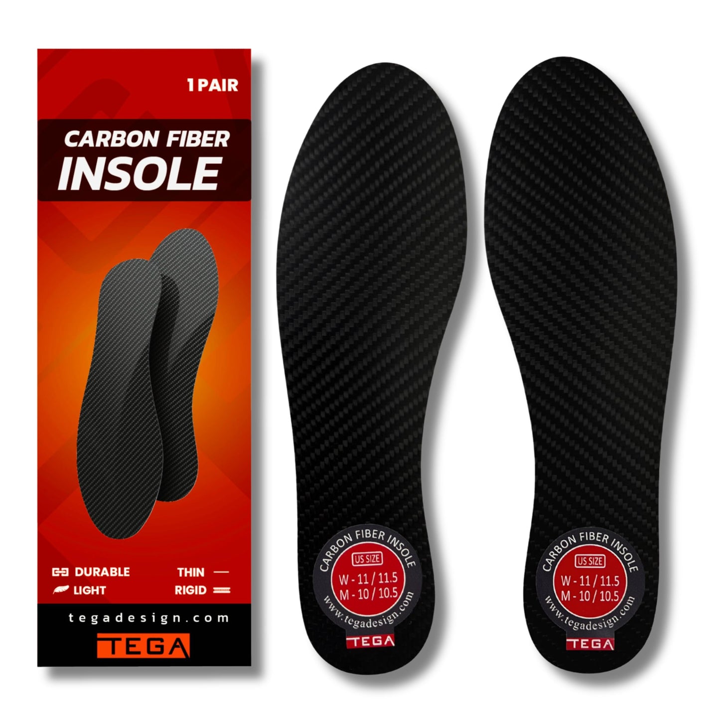 TEGA Carbon Fiber Insole (1 Pair) - for Turf Toe, Foot Fractures, Hallux Rigidus and Limitus - Rigid Shoe Insert for Sports, Hiking, Trekking, Basketball, Running - Alternative to Post Op Shoe (260mm)