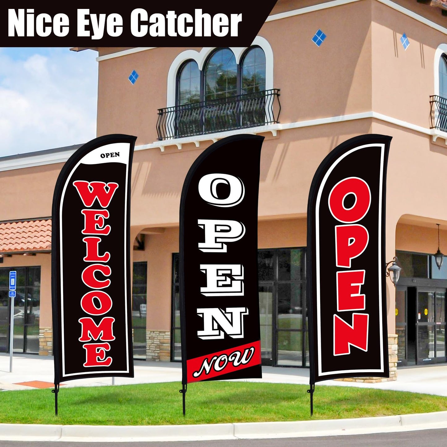 Buryeah 3 Sets Now Open Feather Flag Banner for Business Advertising 7 Feet Tall Grand Opening Feather Flag Sign with Fiberglass Pole Kit Rotating Ground Spike and Portable Bag (Black)