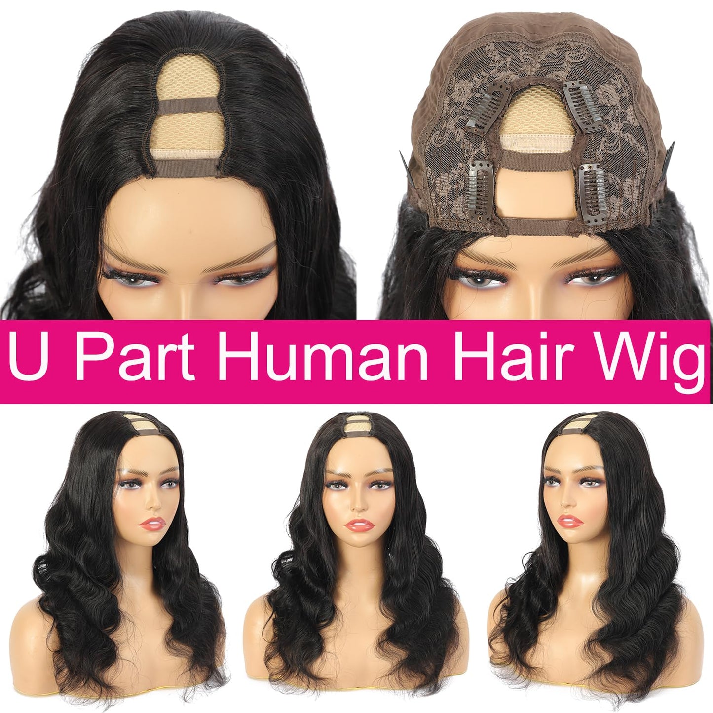 BYYASAA U Part Human Hair Wig Body Wave U Part Wig Human Hair for Black Women Glueless Wigs Human Hair Clip Upgrade Natural Hair Wig Beginner Friendly Middle Part 180% Density 18inch