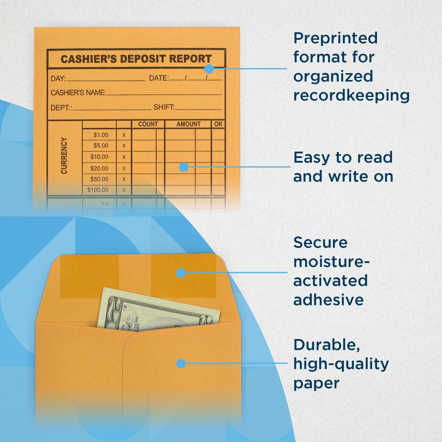 Guardian Cashier Deposit Report Envelopes - Made in America with Gummed Flaps, Pack of 500 Cash Drop Envelopes – Cash Register for Small Businesses, Retailers & Restaurants – Brown Kraft Envelope