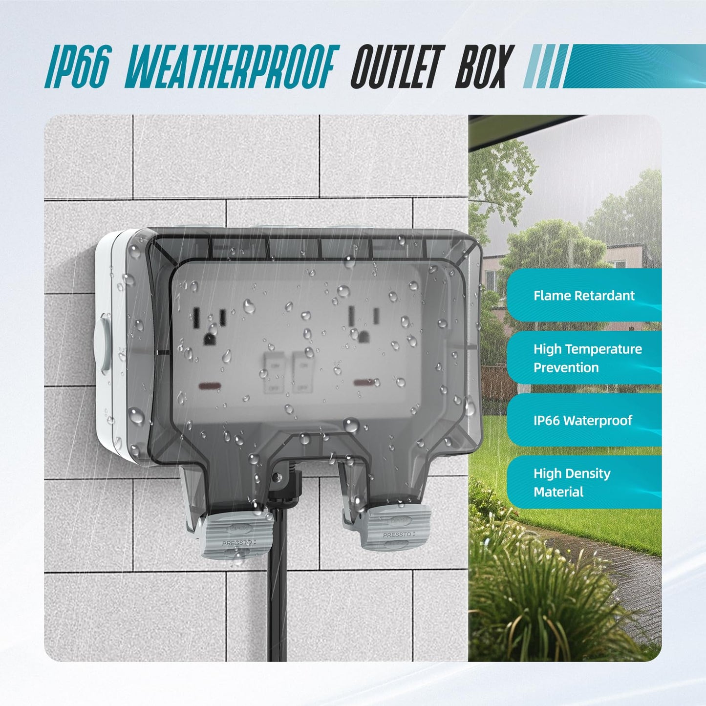 Outdoor Outlet Box with 32.8Ft Extension Cord,NEMA 5-15R,IP66 Waterproof Outdoor Outlet Box w/Lockable Cover & LED Indicator (Double Plug Socket) -Perfect for Gardens, Yards & Sports Fields