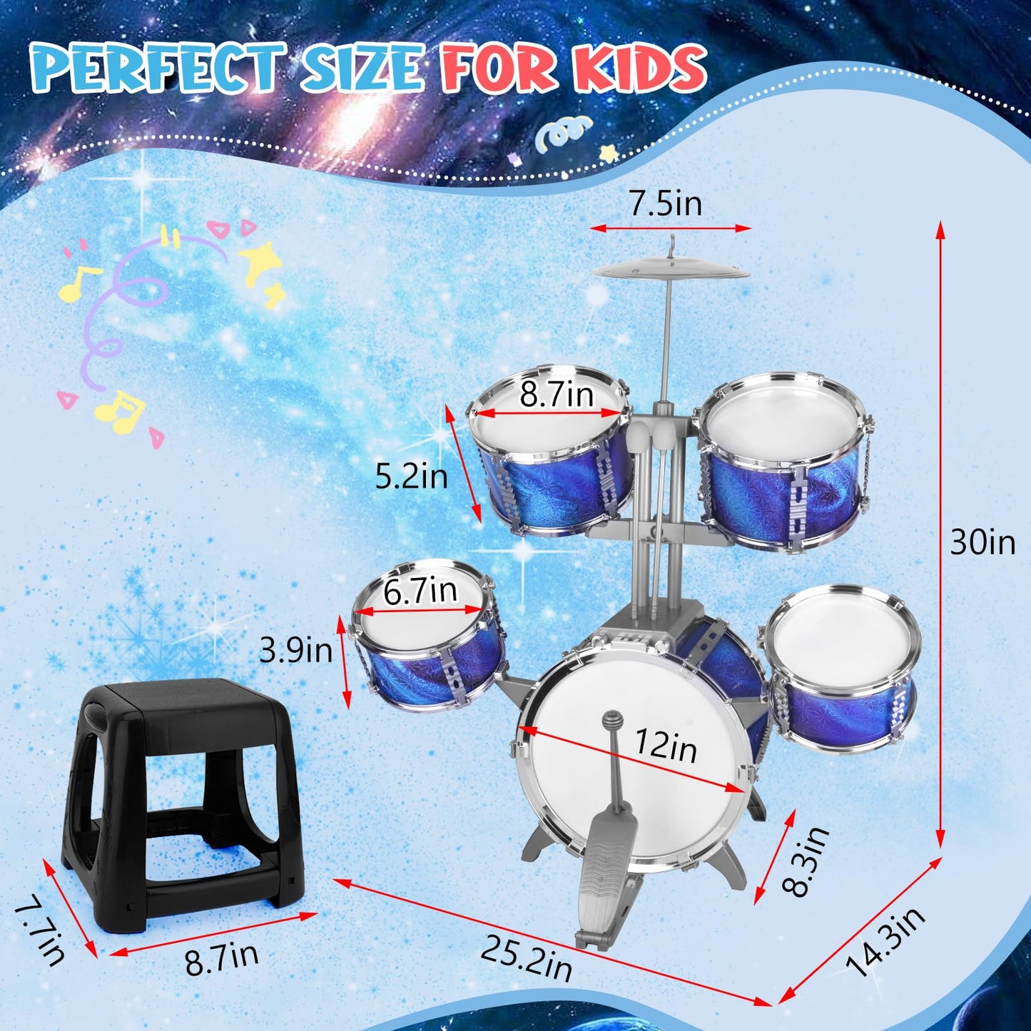 Kids Drum Set for Toddlers 1-3 Musical Jazz Drum with Stool Toys for 2-5 4-6 5-7 Boys Girls Birthday, Blue