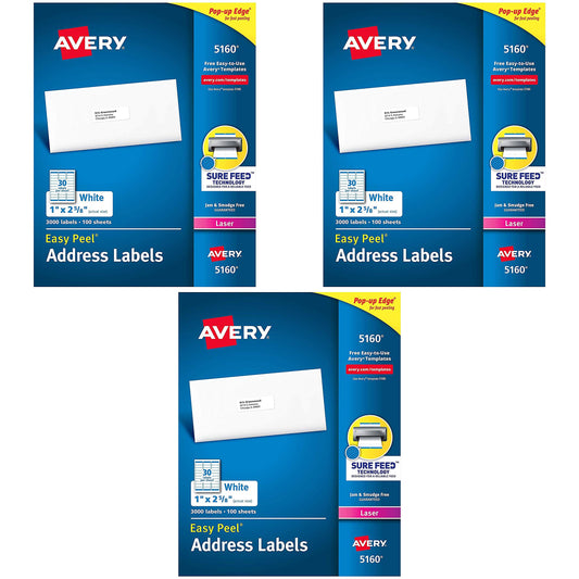 Avery 5160 Easy Peel Address Labels, White, 1 x 2-5/8 Inch, 3,000 Count (Pack of 1) Pack of 3
