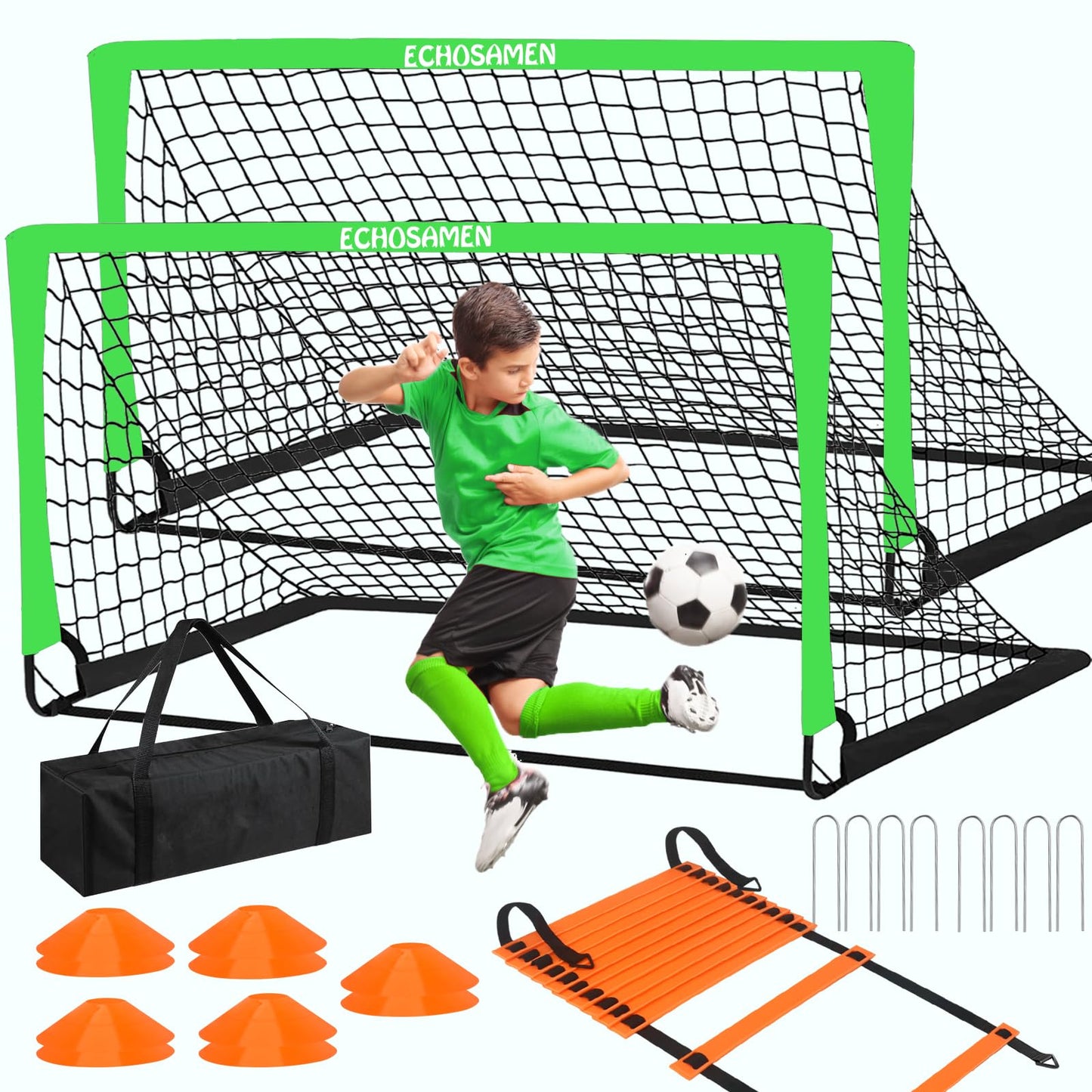 Kids Soccer Goals for Backyard, 2 of 6 x 4 ft Kids Soccer Goal Set Soccer Net with 10 Soccer Cones, Agility Ladder & Carry Bag, Portable Soccer Training Equipment.