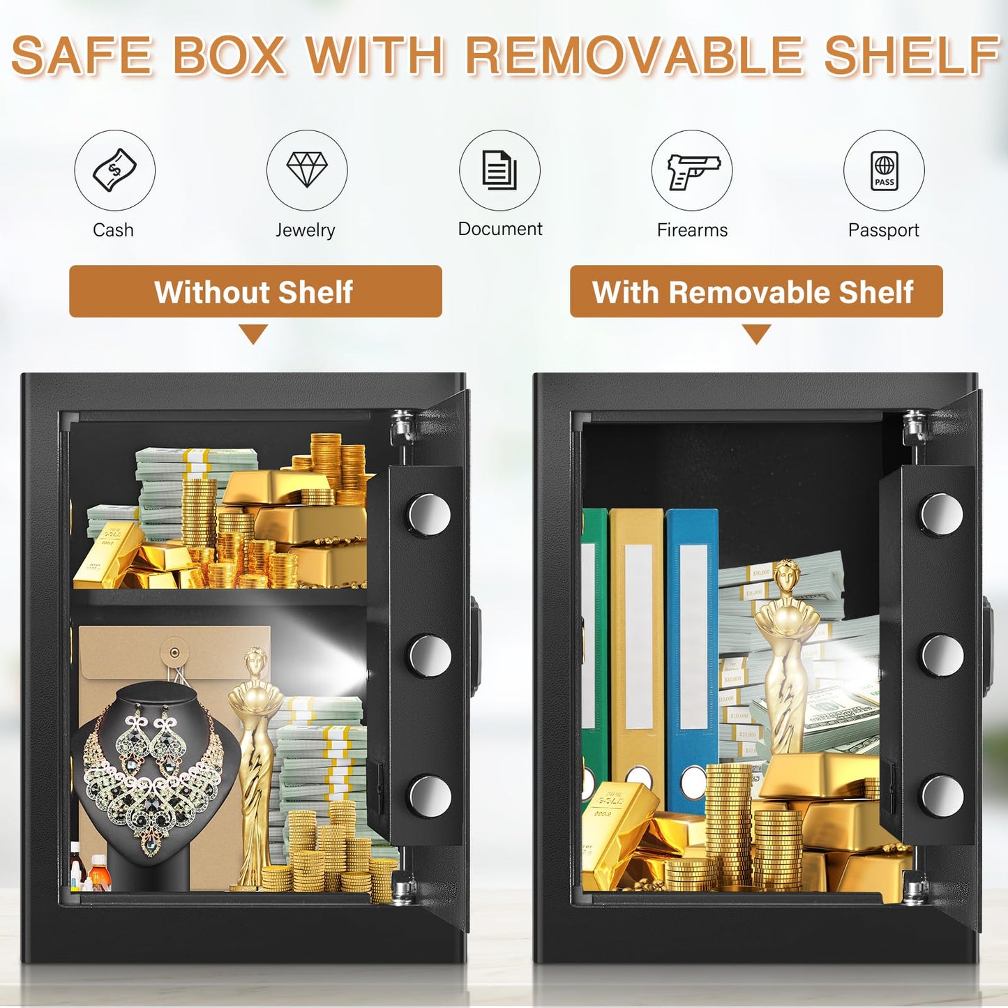 3.3 Cub Home Safe Fireproof Waterproof, Large Fire proof Safe Box with Fireproof Bag, Digital Keypad Key and Removable Shelf, Personal Security Safes for Home Money Jewellery Documents Valuables