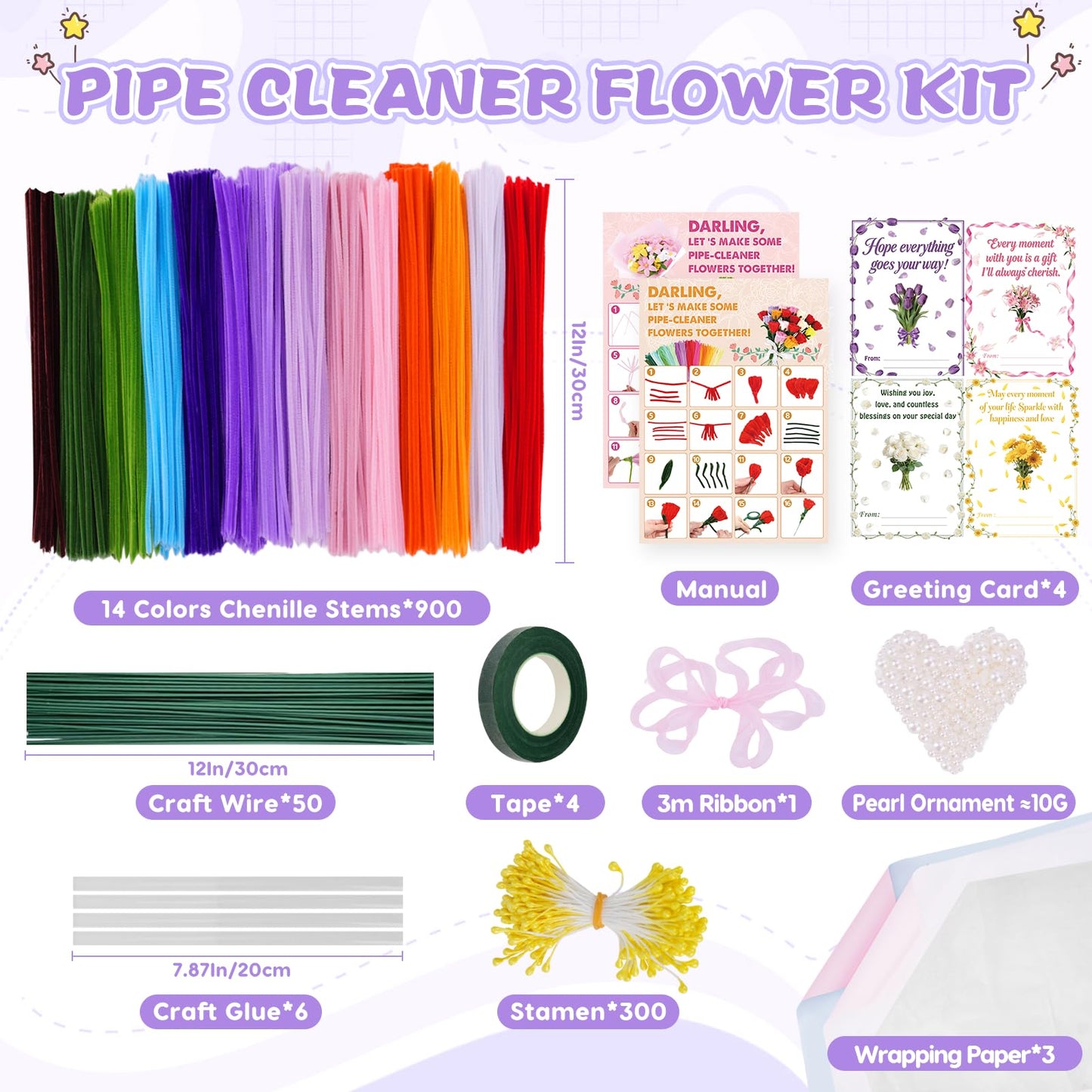 900 PCS Pipe Cleaners Craft, Pipe Cleaners Flowers Kit with Handle,14 Colors Chenille Stems with Instruction, Art and Craft Supplies