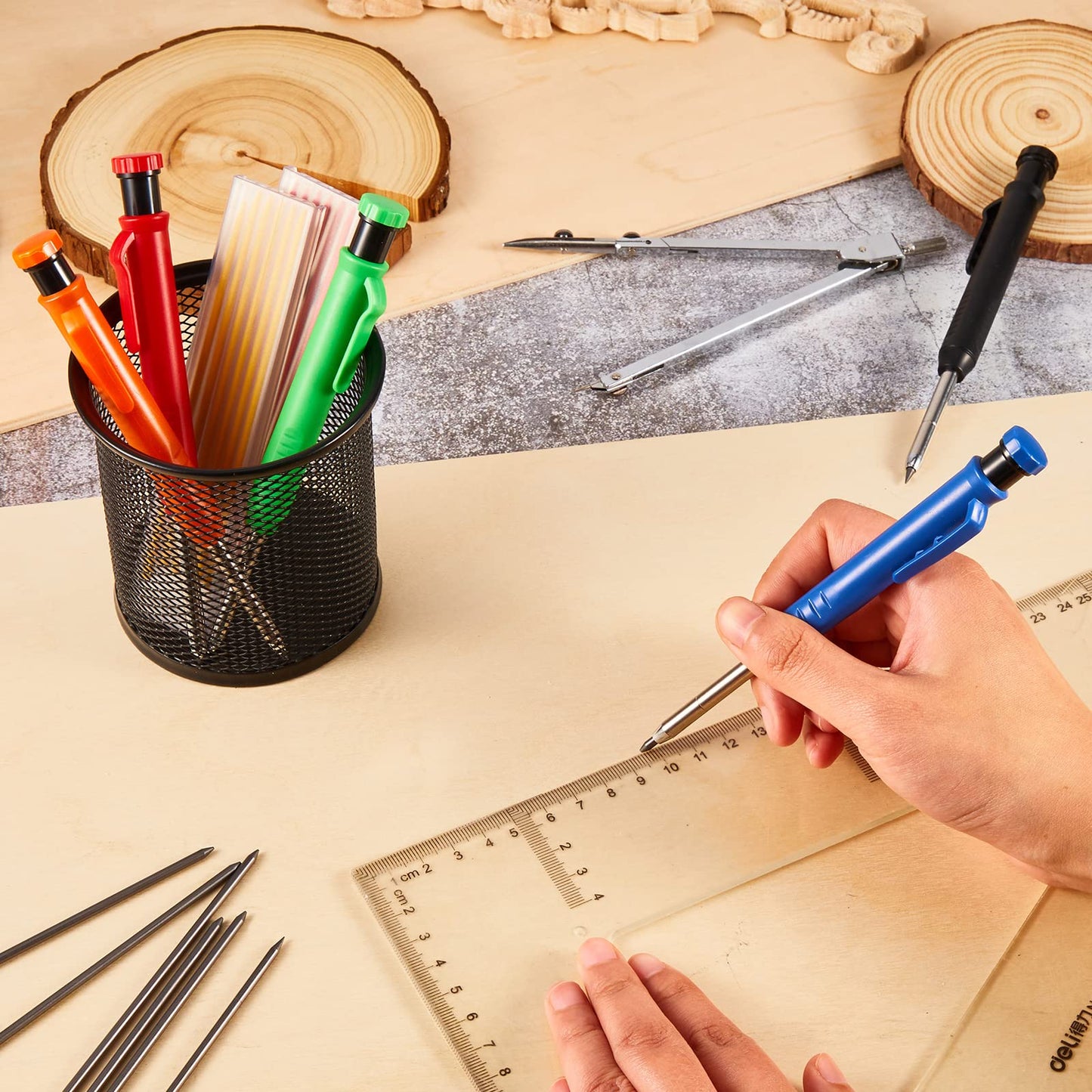 Sabary 10 Pcs Solid Carpenter Pencils with 60 Pcs 2.8mm Refills Long Nosed Deep Hole Mechanical Pencil Marker Construction Pencils with Built in Sharpener for Woodworking Drafting Architect Tool