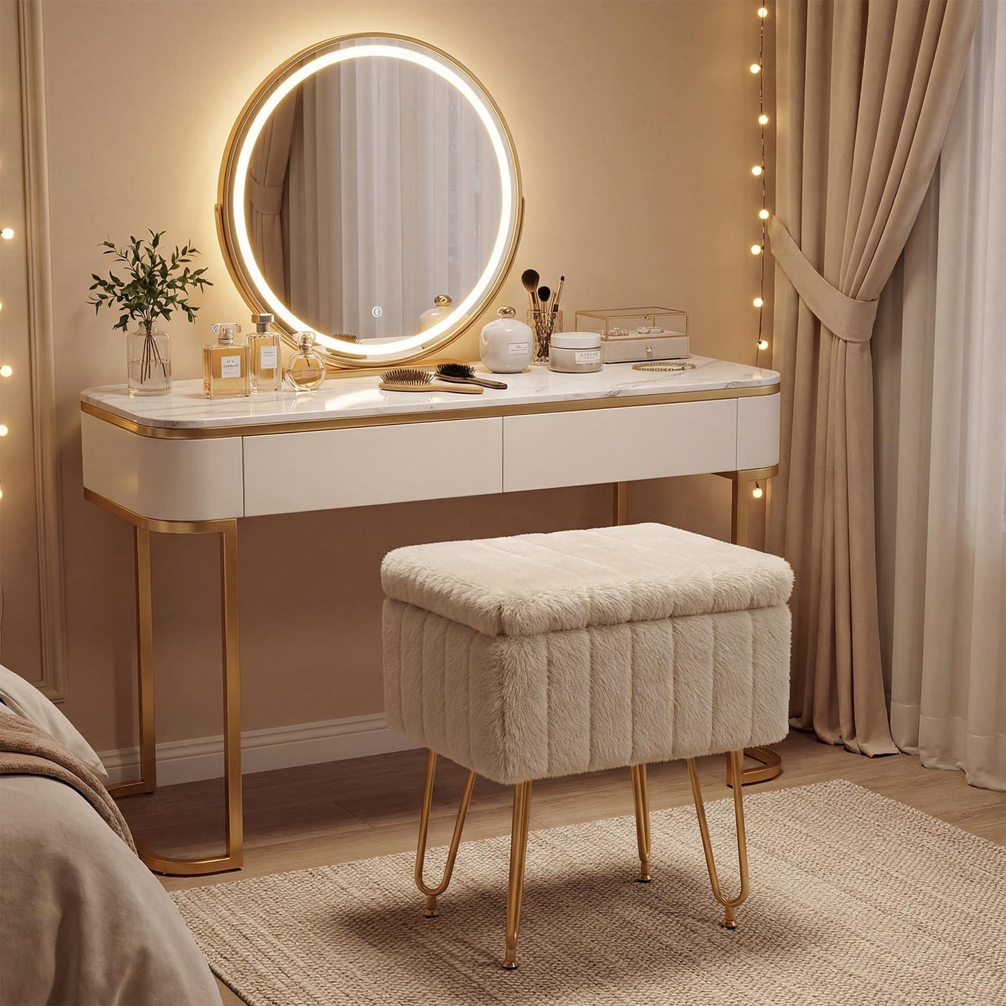 DUMOS Vanity Stool Chair with Storage, Small Ottoman Faux Fur Soft Padded Footstools Seat with 4 Metal Legs Anti-Slip Adjustable Feet Modern Footrest for Home Entryway Bedroom Makeup Camel