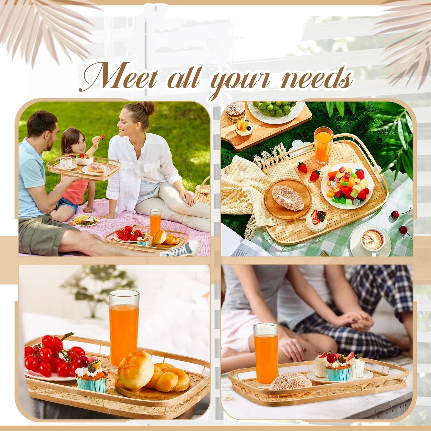 FillTouch 6 Pcs Bamboo Wicker Serving Trays 16.93 x 13 x 1.57 Inch Hand Woven Lap Trays for Eating Rectangular Flat Baskets Trays Decorative Bedroom Bed Tray for Eating Dinner Tray Fruit Snack Holder