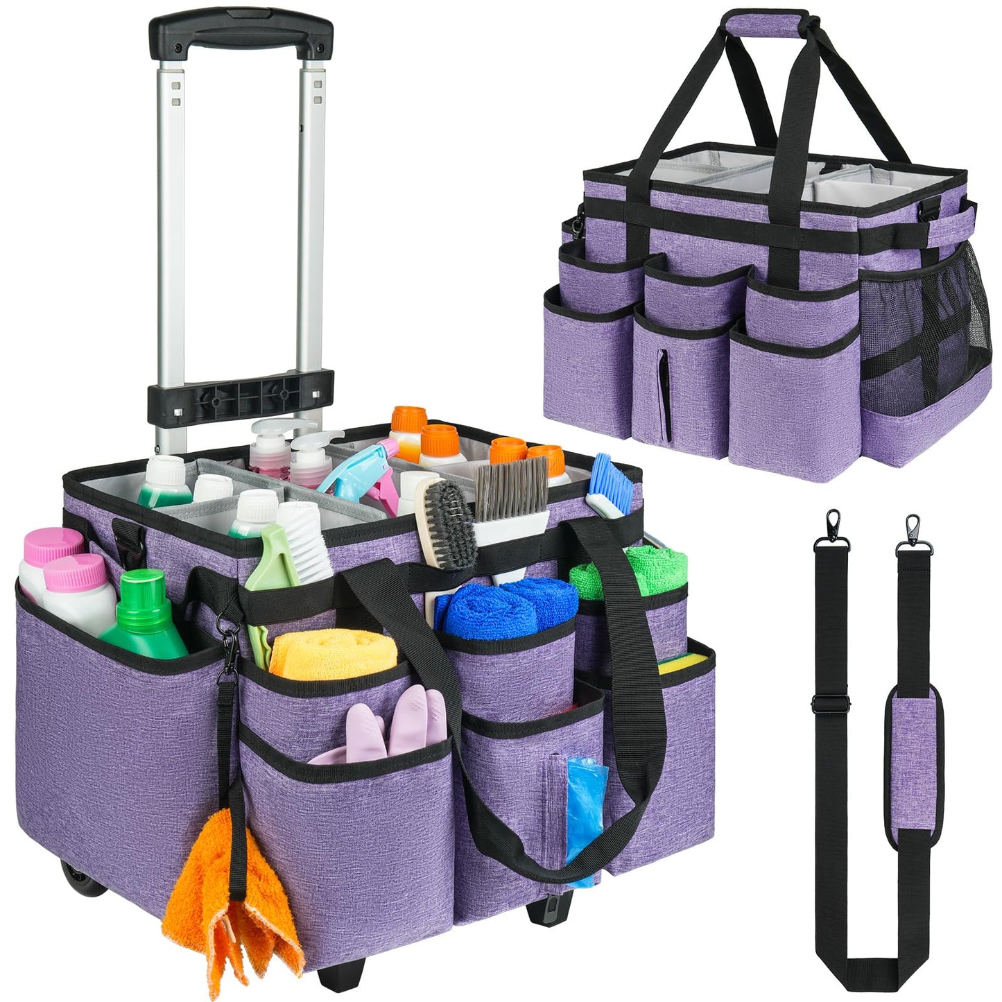 ZIOZERTT Large Rolling Cleaning Caddy Bag with Detachable Trolley,Cleaning Cart on Wheels with Shoulder Strap,Cleaning Supplies Organizer for Housekeepers,Purple
