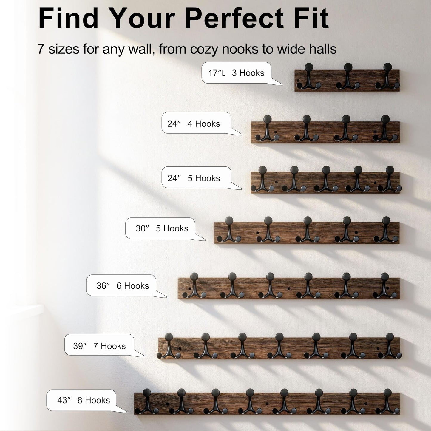 SKOLOO 43-Inch Wood Burnt Coat Rack Wall Mount with 8 Triple Hooks - Ideal for Family Entrances, Classrooms, and Pet Supplies Storage - Perfect Coat Hooks for Wall