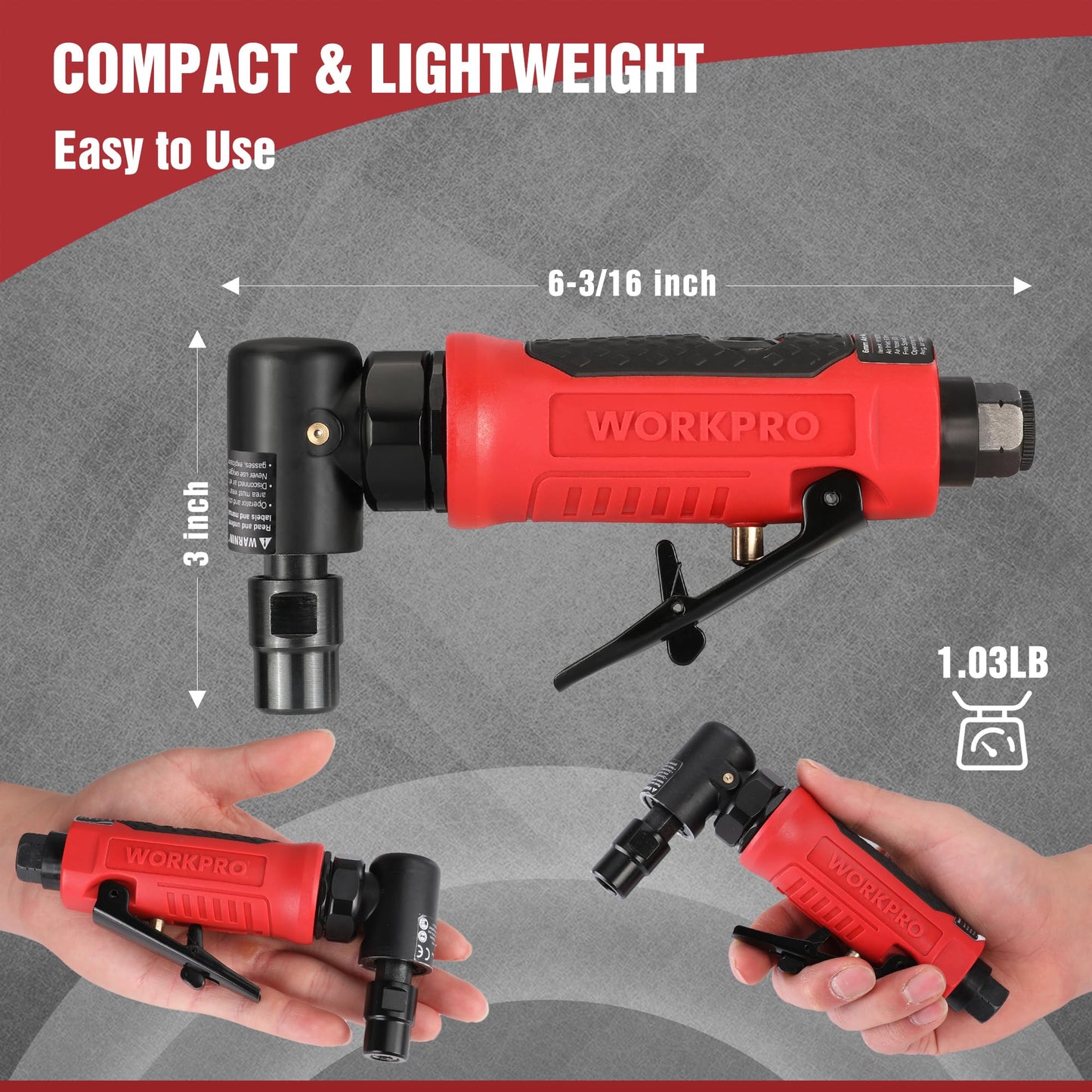 WORKPRO Air Angle Die Grinder, 1/4-Inch Pneumatic Right Angle Die Grinder, 20000RPM, Air-Powered 90 Degree for Grinding, Cutting, Polishing, Welding Repair, Deburring, 1/4" & 1/8" Collets Included