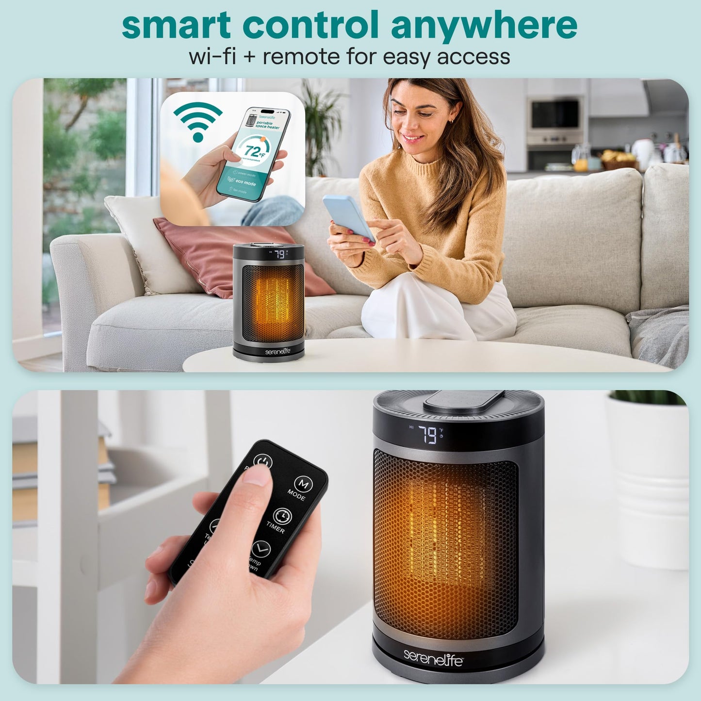 SereneLife Smart Space Heater – 1500W Indoor Electric Heater with Thermostat, Remote Control, 12-Hour Timer, Wi-Fi Enabled PTC Ceramic Heating for Home and Office, Gray (5.9" x 5.9" x 9.5")