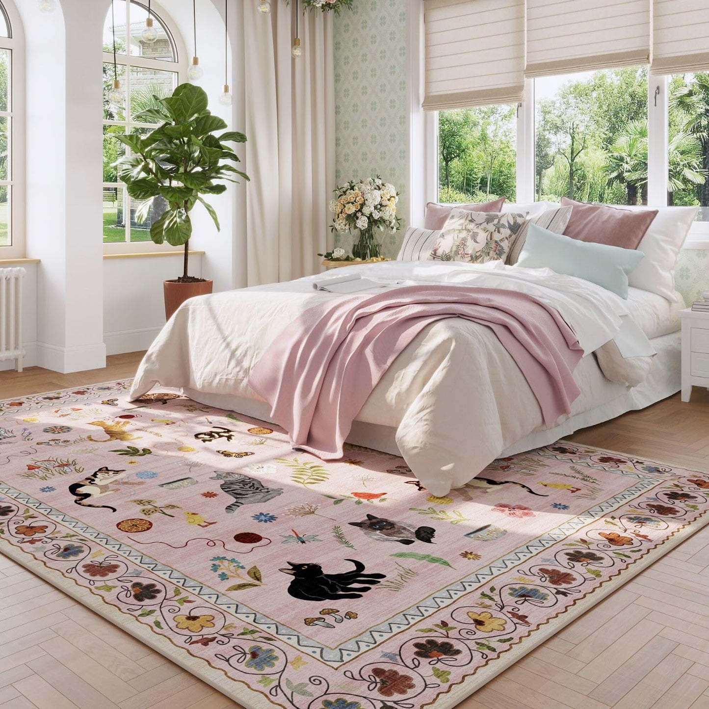 Rugcomf Living Room Rug 5x7 Rug Machine Washable Boho Area Rug Non Slip Floral Animal Cat Vintage Low Pile Large Rugs for Living Room Bedroom Farmhouse Dining Room Kids Playroom, Pink