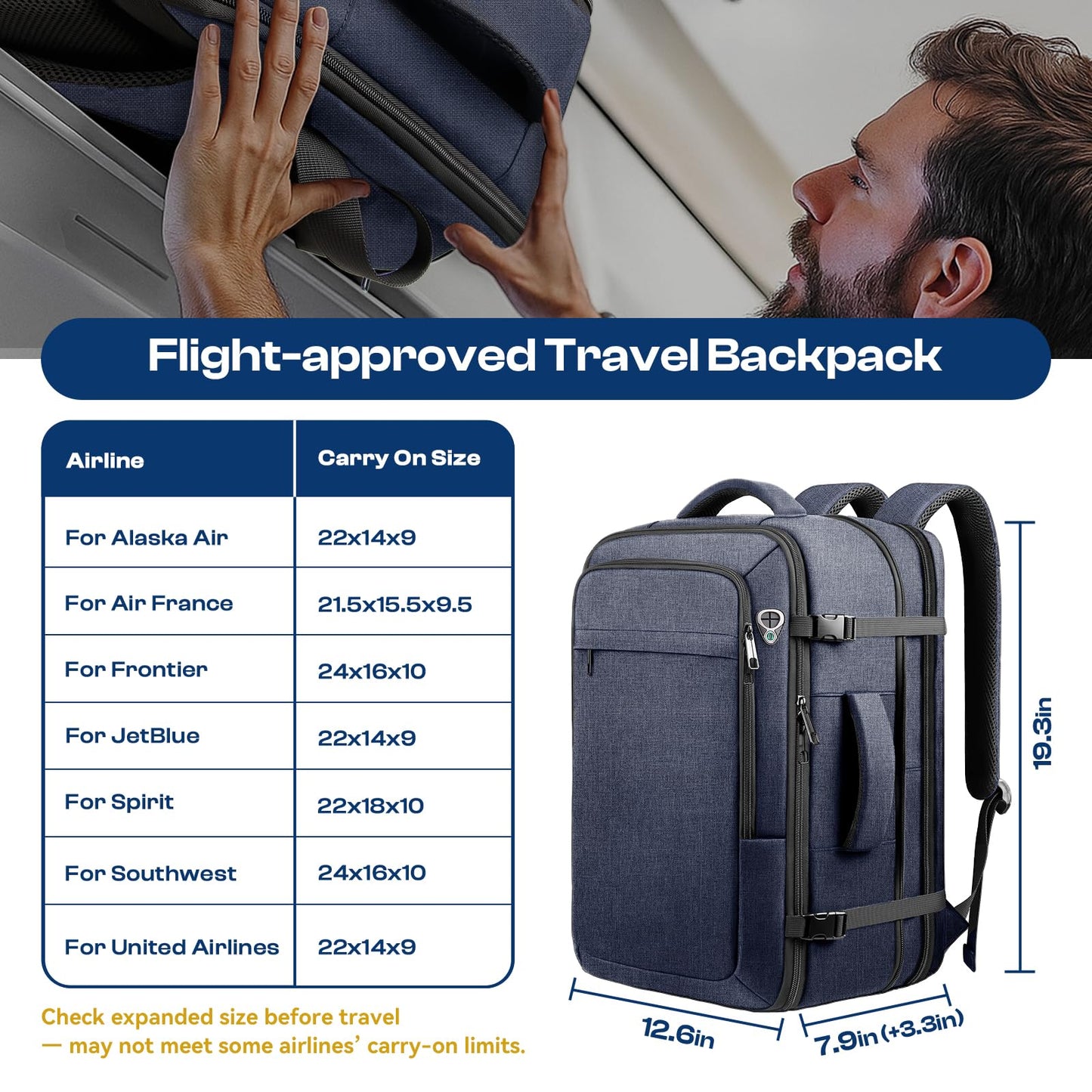 Sirmaeed Carry on Backpack, 35L-45L Expanable Travel backpack,TSA Airplane Approved, Daypack Weekender Bag Fits 17 Inch Laptop, Travel Gifts for Men, Blue