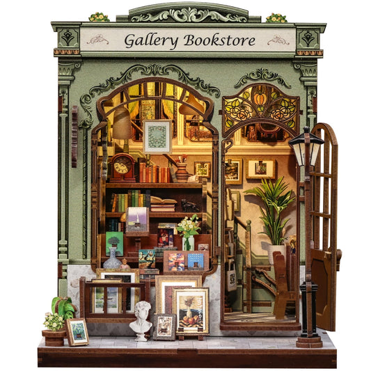 Cutefun Book Nook Kit - DIY Miniature Dollhouse Kit for Adults and Teens, 3D Wooden Puzzle Library Mini House Building Kit with LED Bookshelf Insert Decor Creative Gifts (Gallery Bookstore)