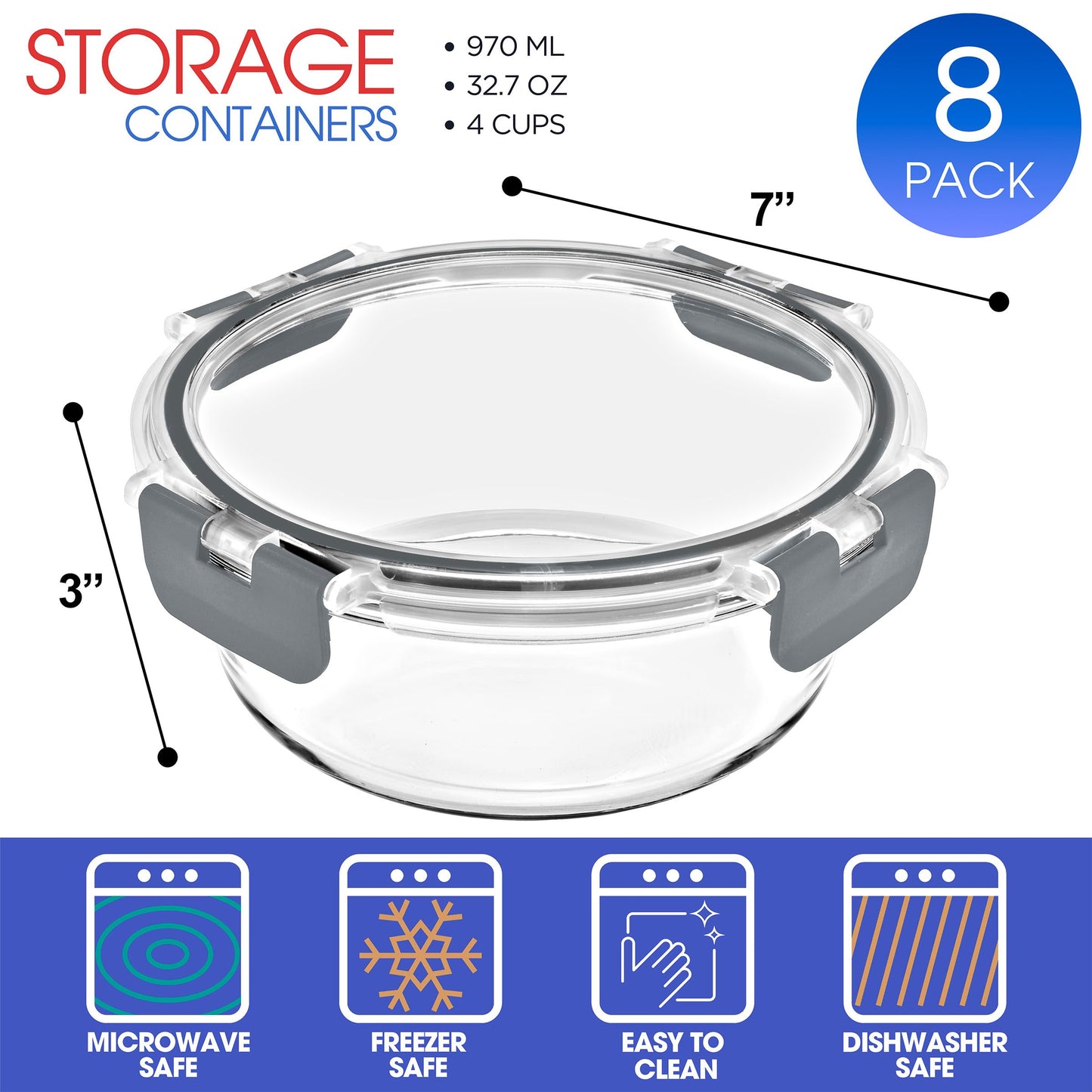 Sorbus 16pc Glass Meal Prep Containers Set – 8 Round 32oz Containers with Airtight Lids – Freezer, Dishwasher, Oven Safe – Reusable Food Storage Bowls, 4 Cup Capacity for Meal Prep and Storage Grey