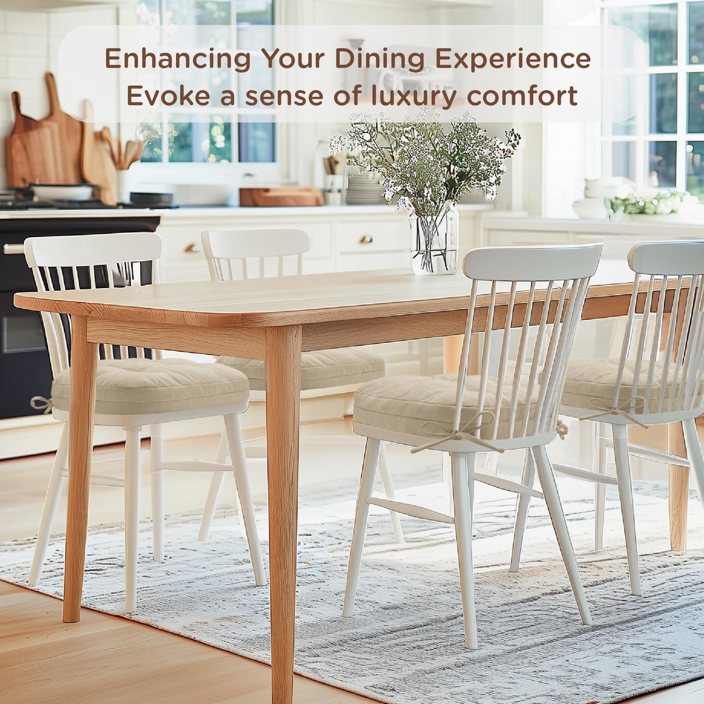 Codi Dining Chair Cushions 4 Pack, Thick Chairs Pads for Indoor Kitchen Room - Washable, Non-Slip Seat Cushion with Ties, 16.5"x16.5"x 3.5", Set of 4, Beige