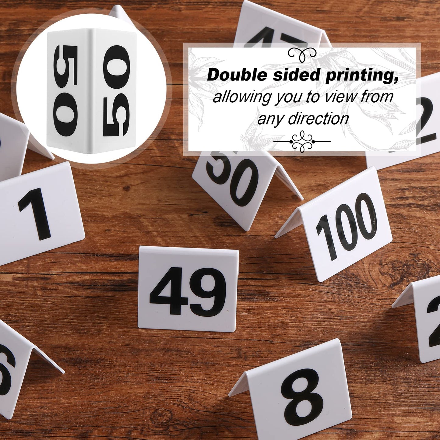 Tuanse 100 Pcs Acrylic Table Numbers 1-100 Double Sided Minimalist Restaurant Wedding Table Tent Cards for Party Event Banquets Wedding Reception, 2.5 x 2 x 1.6 Inch(Black Number)