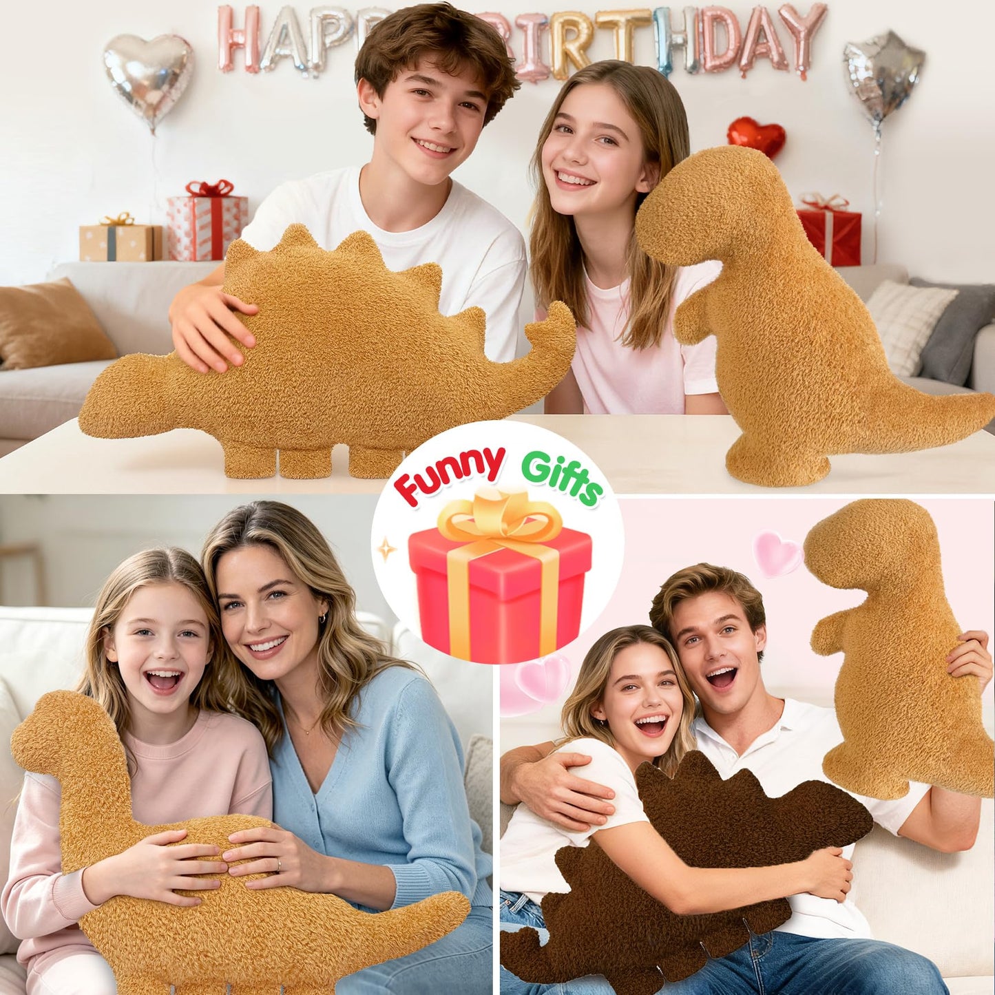 Aiideals Dino Nugget Pillow Birthday Gifts for Boys Girls, Chicken Dinosaur Nuggets Pillow Funny Gifts for Teens, Dinosaur Stuffed Animal Throw Pillow Cute Dinosaur Gifts for Kids (Large, Tyran Rex)