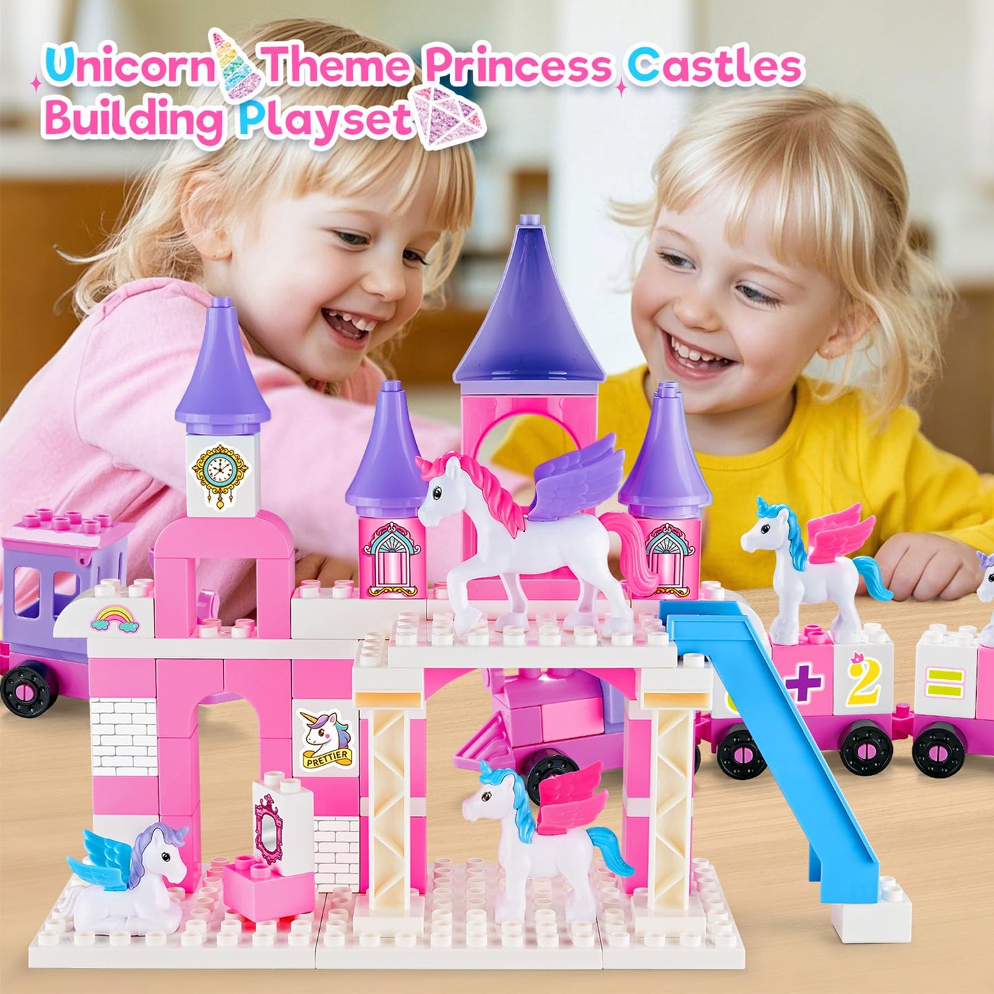 Classic Building Blocks for Toddlers - Compatible with Major Brands, Unicorn Theme Princess Castle & Number Trains Classic Bricks, Creative Educational Buildable Kits for Girls Boys Ages 3, 4, 5, 6-12