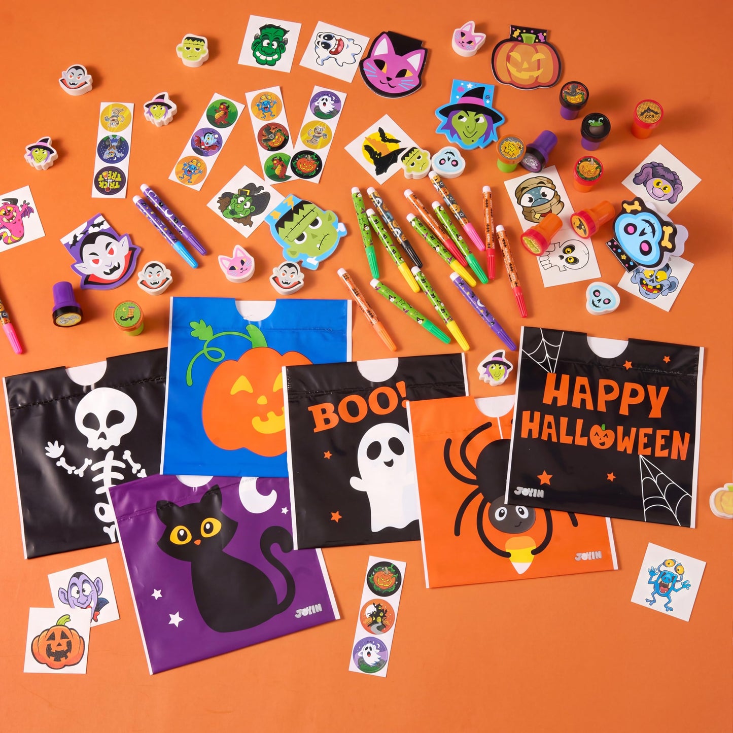 168 Pcs 24 Pack Assorted Halloween Art and Craft Stationery Kids Gift Set Trick or Treat Party Favor Toy Including Halloween Bag, Notepads, Stamps, Pencils, Stickers and Temporary Tattoos