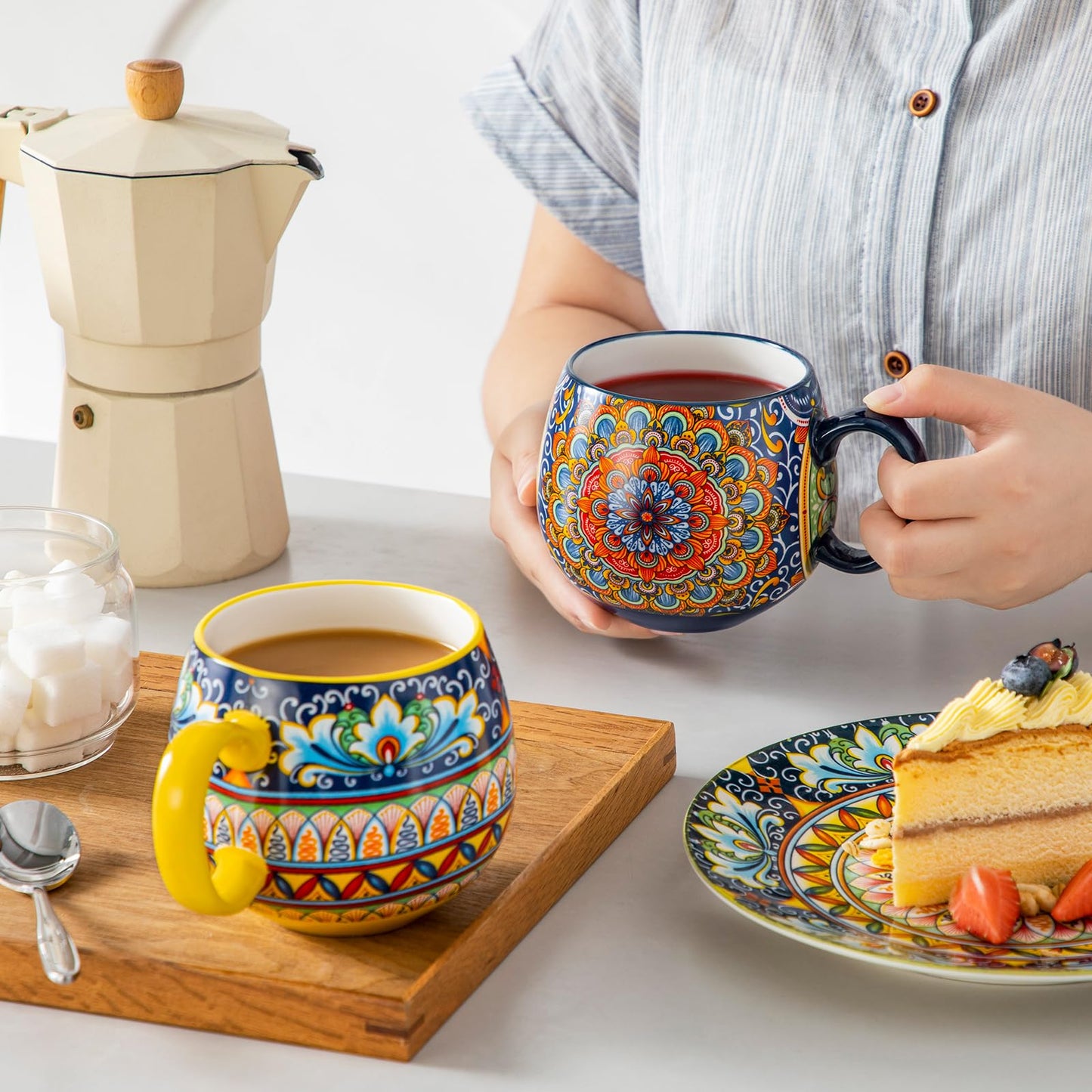 vancasso Coffee Mugs Set of 6, Coffee Cups Ceramic 16oz, Porcelain Coffee Mugs for Cappuccino, Latte, Espresso, Colorful Coffee Mugs with Handle, Rounded Boho Mugs, Microwave & Dishwasher Safe