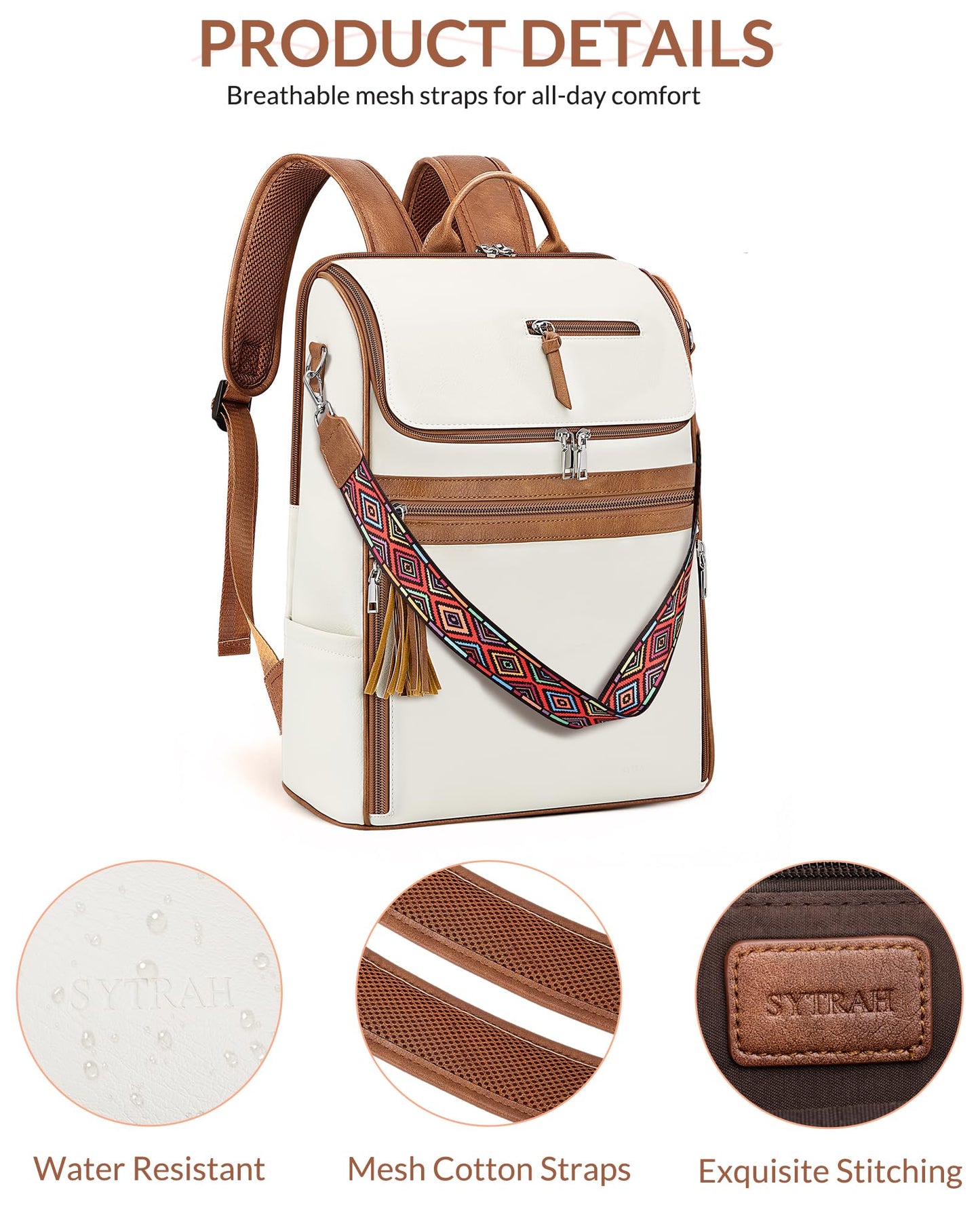 SYTRAH Leather Laptop Backpack for Women Designer Laptop Bag, 16.5 inch Travel Computer Backpacks Purse with Tassel for Work Business with Satchel Purse Beige Brown
