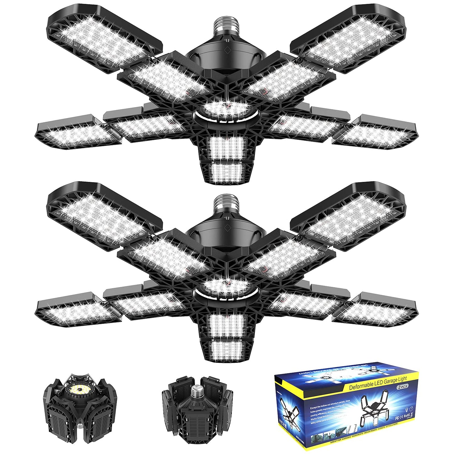 Nexillumi 2-Pack Led Garage Light 180W, 36000LM Garage Lights Ceiling LED with E26/E27 Medium Base, 6000K Deformable LED Shop Lights with 10+1 Adjustable Panels for Garage, Workshop, Attic, Basemen