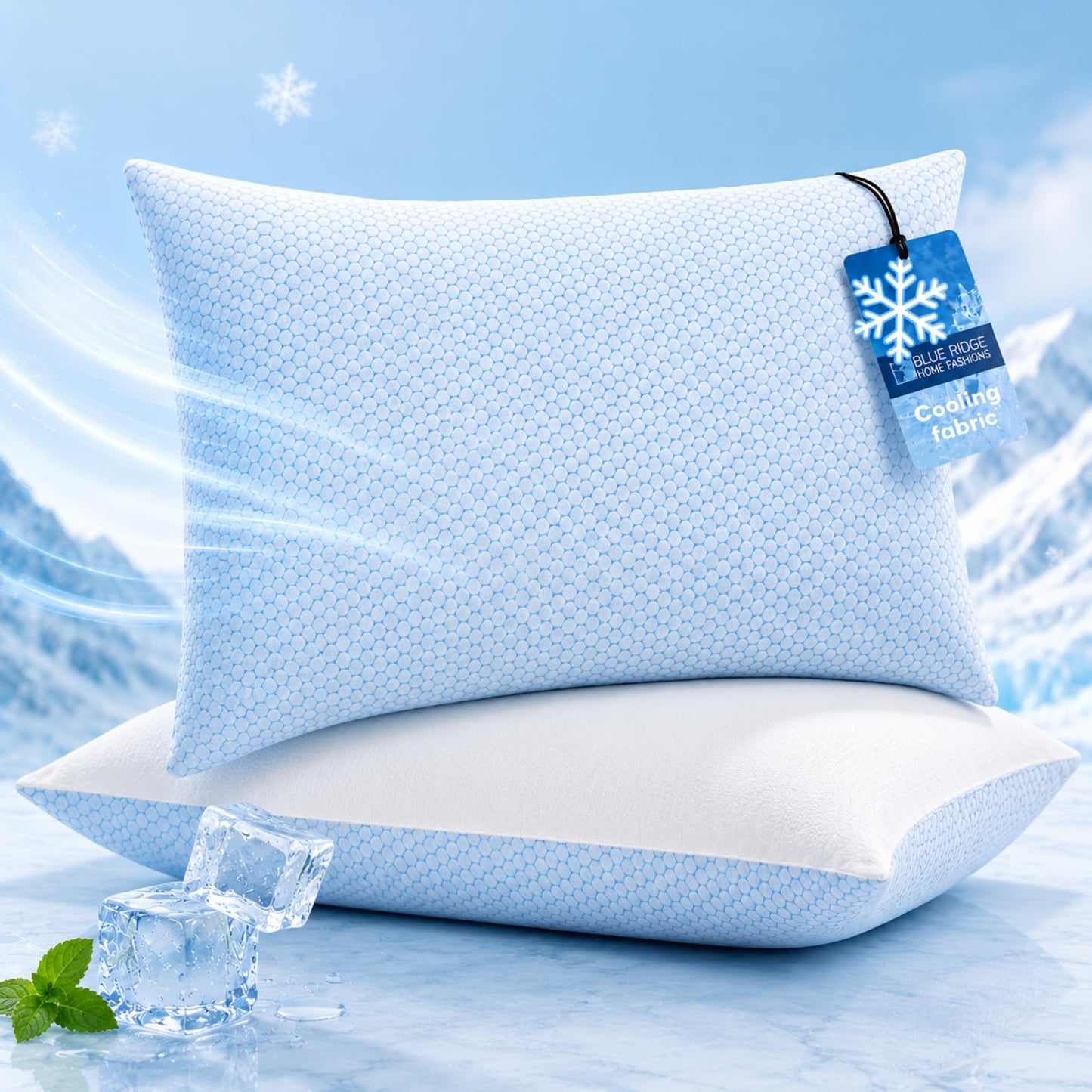 Blue Ridge Home Fashions Cooling Pillows Queen Size Set of 2, Dual-Sided Cooling & Breathable Cotton Design, Down Alternative Pillows for Hot Sleepers, Soft Support for Side, Back & Stomach Sleeping