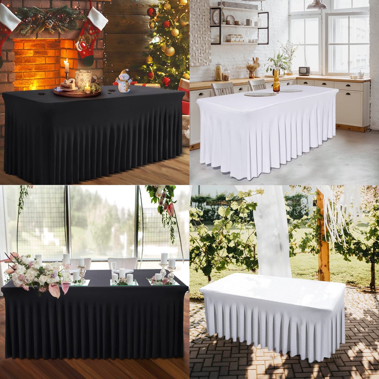 BDDC Table Skirts for Rectangle Tables 6ft - 2 Pack One-Piece Black Tablecloths and Skirt, Wrinkle Resistant Ruffles Elastic Cover for Banquets, Weddings, Events, Parties