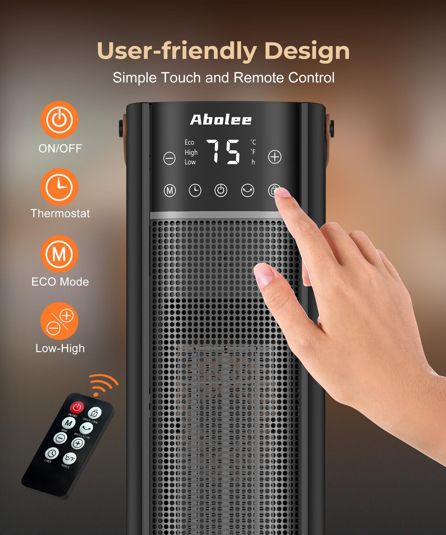 Abolee Space Heaters Indoor Use, 26" 12ft/s Electric Heater with Remote, 1500W Tower Heater with 75°Oscillation, 1-12H Timer, PTC Electric Heater for Large Room, Bedroom Home Office